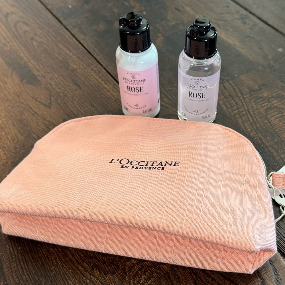 L'OCCITANE Peach Textured Cosmetic Bag Rose Shower Gel Lotion Travel Set